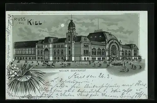 Mondschein-Lithographie Kiel, Neuer Bahnhof mit Passanten