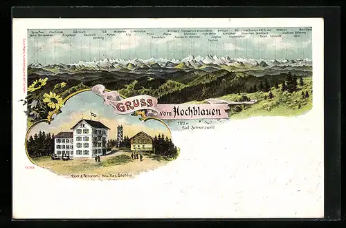 Lithographie Badenweiler, Hotel & Pension Hochblauen, Panorama