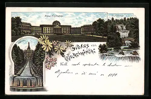 Lithographie Kassel-Wilhelmshöhe, Schloss, Teuelsbrücke, Cascaden