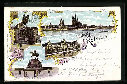Lithographie Köln /Rh., Kaiser Wilhelm I. Denkmal, Justizgebäude, Stadtpanorama