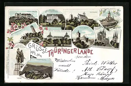 Lithographie Gotha, Schloss Friedenstein, Fuchsturm in Jena, Schwarzburg