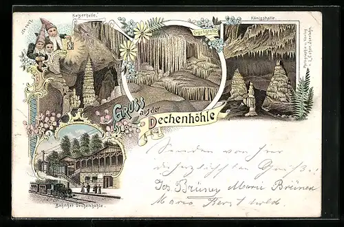 Lithographie Dechenhöhle, Kaiserhalle, Königshalle, Bahnhof