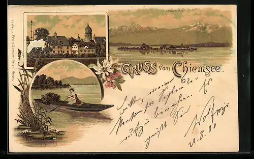 Lithographie Chiemsee, Ortsansicht, Frauen-Insel, Frau im Boot
