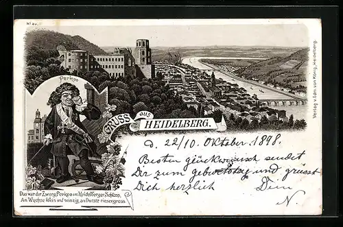 Lithographie Heidelberg, Teilansicht mit Heidelberger Schloss, Zwerg Perkeo