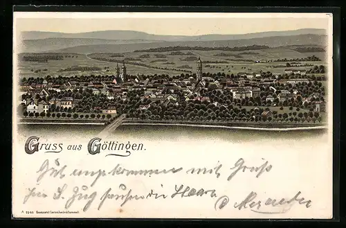 Lithographie Göttingen, Ortsansicht mit Fernblick aus der Vogelschau