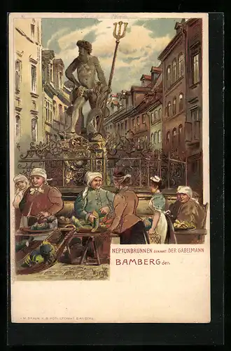 Lithographie Bamberg, Neptunbrunnen, genannt Der Gabelmann