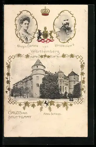 AK Stuttgart, Königin Charlotte und König Wilhelm II., Altes Schloss