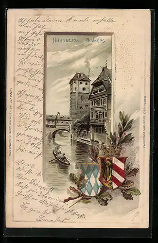 Passepartout-Lithographie Nürnberg, Henkersteg mit Boot, Wappen