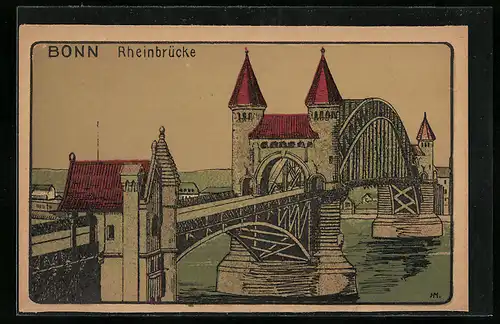 Steindruck-AK Bonn, Rheinbrücke