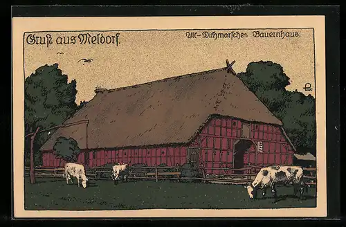 Steindruck-AK Meldorf, Alt-Dithmarsches Bauernhaus