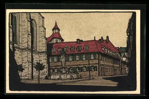 Steindruck-AK Ansbach, Unterer Markt, Schwanenordenskapelle und Markgraf Karl-Brunnen