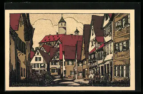 Steindruck-AK Dinkelsbühl, Strasse untere Schmidgasse mit Buchdruckerei