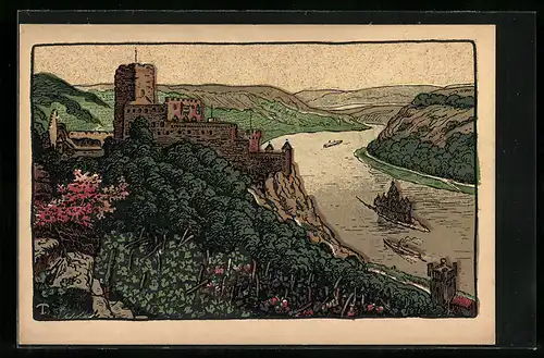 Steindruck-AK Kaub, Burg Gutenfels, Rhein