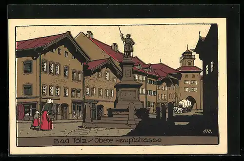 Steindruck-AK Bad Tölz, Obere Hauptstrasse, Denkmal