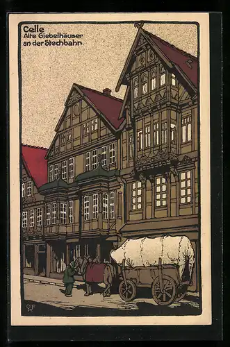 Steindruck-AK Celle, Alte Giebelhäuser an der Stechbahn