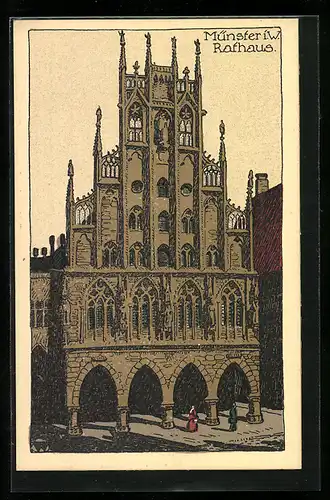 Steindruck-AK Münster i. W., Rathaus