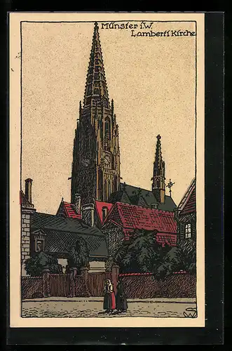 Steindruck-AK Münster i. W., Lamberti Kirche
