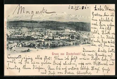 AK Bischofszell, Gesamtansicht mit Bergpanorama aus der Vogelschau