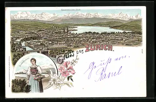 Lithographie Zürich, Gesamtansicht mit Alpenpanorama, Zürcherin