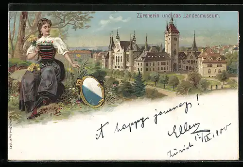 Lithographie Zürich, Landesmuseum und Zürcherin in Tracht