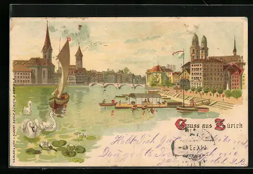 Lithographie Zürich, Ortsansicht mit Quai und Brücke
