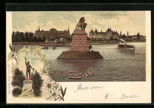 Lithographie Zürich, Blick auf den Alpenquai, Turnerstatue am Alpenquai