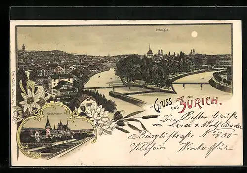 Mondschein-Lithographie Zürich, Teilansicht mit Landesmuseum, Ortsansicht mit Limatspitz