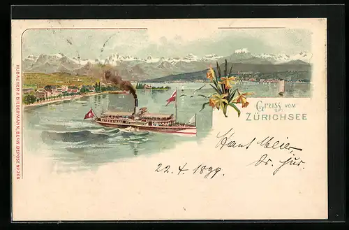 Lithographie Zürich, Dampfer auf dem Zürichsee