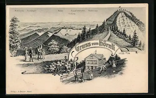 Lithographie Fischenthal, Gasthaus auf dem Hörnli, Panoramablick auf das Gebirge