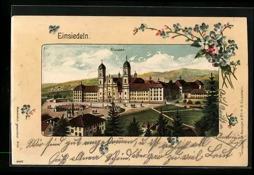Präge-Lithographie Einsiedeln, Kloster mit Umgebung aus der Vogelschau