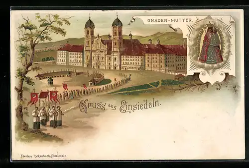 Lithographie Einsiedeln, Kloster mit Vorplatz und Mönchen
