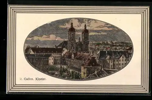 Passepartout-AK St. Gallen, Teilansicht mit Kloster aus der Vogelschau
