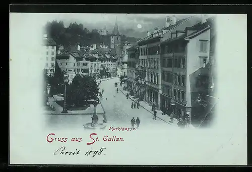 Mondschein-AK St. Gallen, Marktgasse mit Kirche und Passanten