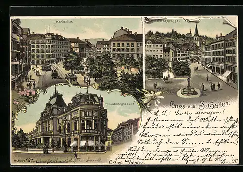 Lithographie St. Gallen, Unionbankgebäude, Marktstrasse, Marktplatz