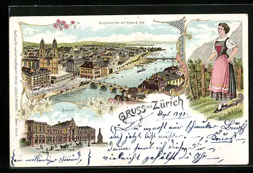 Lithographie Zürich, Bahnhof, Grossmünster mit Alpen & See, Zürcherin