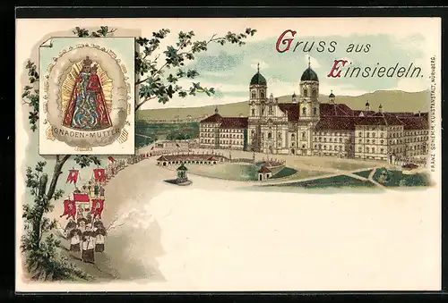 Lithographie Einsiedeln, Kloster mit Prozession