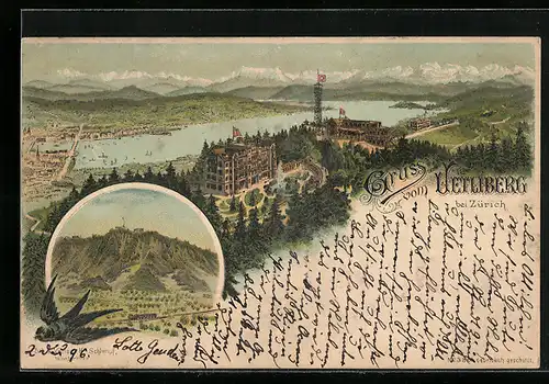 Lithographie Uetliberg, Hotel und Aussichtsturm, Panorama