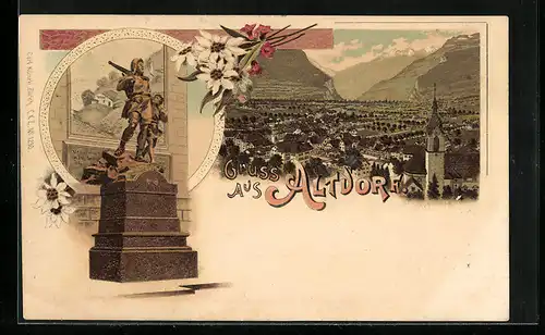 Lithographie Altdorf, Telldenkmal, Ortsansicht