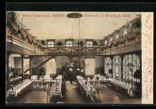 AK Arbon, Innenansicht des Hotels Lindenhof, Konzert- und Gesellsch.-Saal