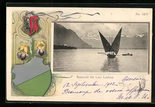 Passepartout-Lithographie Lac Léman, Barque du Lac Léman, Wappen
