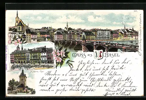 Lithographie Basel, Marktplatz, St. Johann-Thor