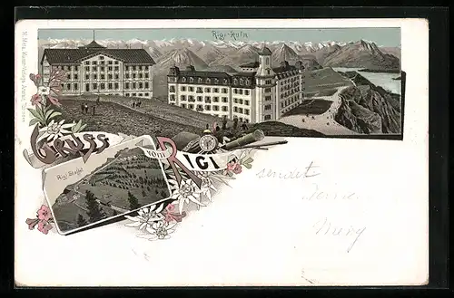 Lithographie Rigi, Hotel Rigi-Kulm und Rigi-Staffel