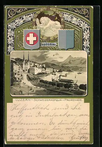 Lithographie Luzern, Schweizerhofquai-Promenade, Wappen