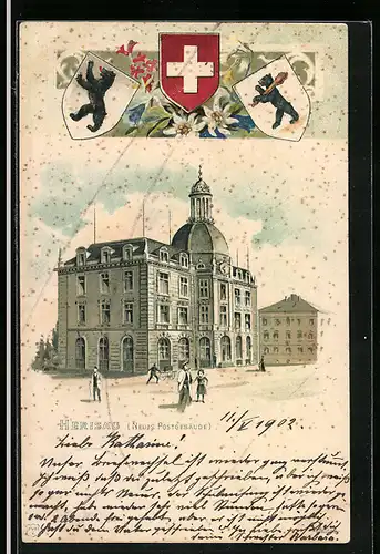 Lithographie Herisau, Neues Postgebäude und Wappen