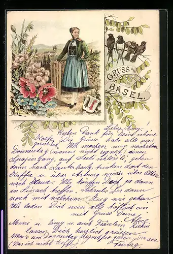 Lithographie Basel, Baslerin in Tracht, Mohnblumen und Schwalben