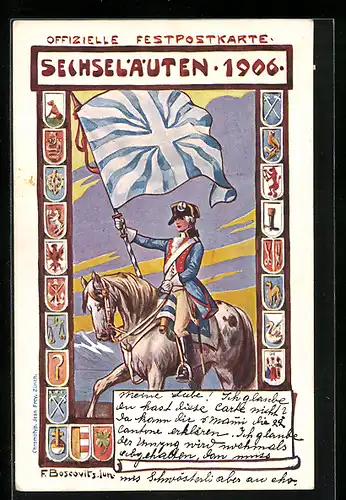 Künstler-AK Zürich, Offizielle Festpostkarte, Sechseläuten 1906, Wappen, Reiter mit Flagge