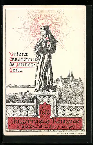 AK Neuchatel, Fete Trisannuelle Romande, Ortsansicht mit Denkmal