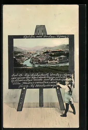 Grusskarten-AK Baden, Totalansicht auf einer Tafel mit Kind