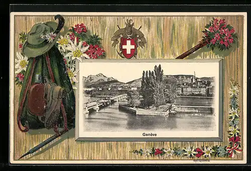 Passepartout-Lithographie Geneve, Partie avec le pont et le Mont-Blanc, Jägerausrüstung u. Wappen