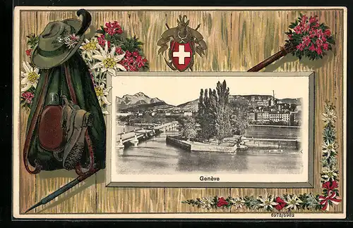 Passepartout-AK Genève, Teilansicht, Bergsteigerausrüstung